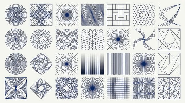 Abstract geometric pattern collection featuring intricate navy blue line art designs arranged in a grid for modern graphic design projects