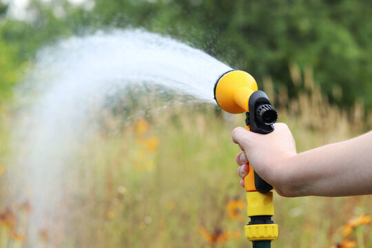 Woman watering plants with a yellow hose spray gun. The process of watering a garden or vegetable garden with water from a hose with a nozzle, plant care, watering plants, summer season