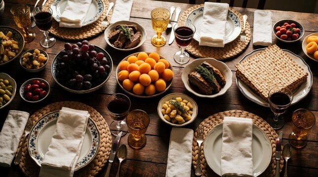 Traditional Jewish Passover Seder table setup with festive foods. Red wine in glasses, matzah crackers, grapes, apricots, meat dishes on wooden table. Family meal preparation for Pesach holiday