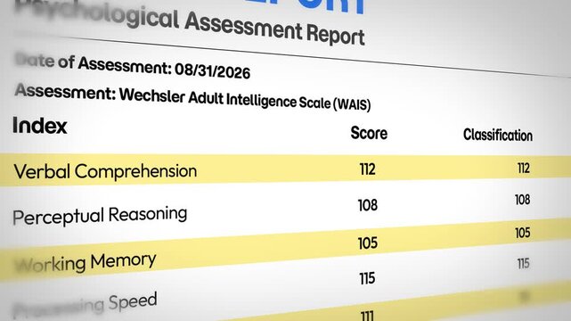 4k footage of IQ test report details showing psychological assessment scores on a white isolated backdrop background design