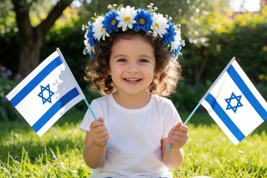 Happy little girl wears blue, white flower wreath in green garden. Cute child holds two Israeli flags, celebrating Independence Day. Smiling kid enjoys sunny outdoor holiday in park with grass,