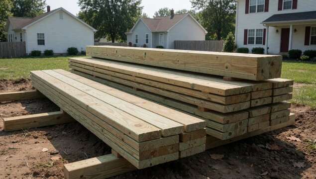 Stack wooden planks yard stacked top each other arranged horizontal manner wood appears light brown color has