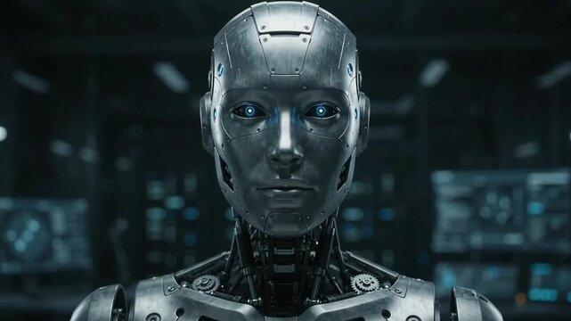 Futuristic humanoid robot portrait with glowing blue eyes in a dark laboratory; metallic android head with intricate mechanics and cinematic lighting.