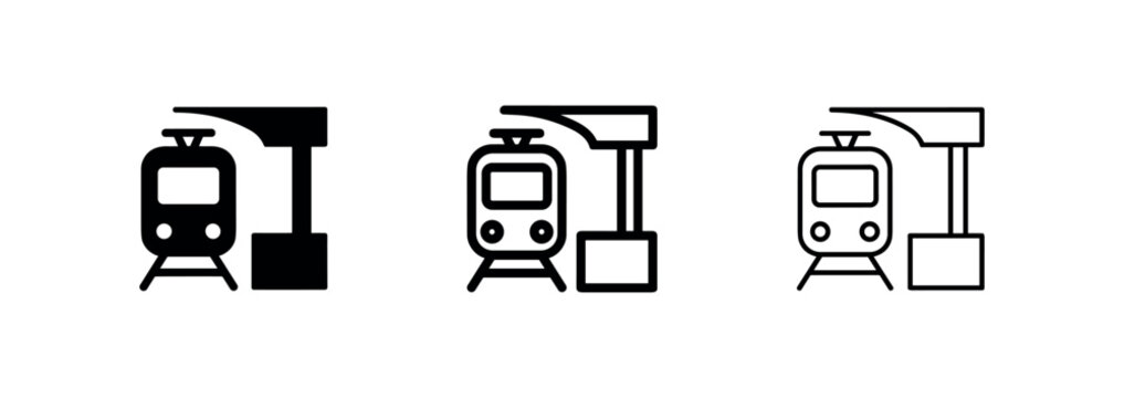 Train at station platform icon set for public transport