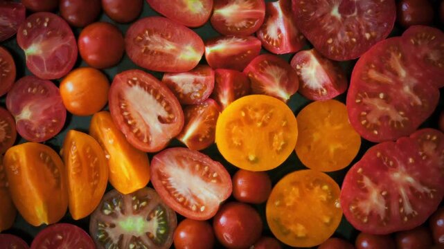 Top view of colorful tomato wedges in red and yellow shades. Natural veins, seeds and glistening juice create a detailed food texture. Concept of vibrant natural background for design
