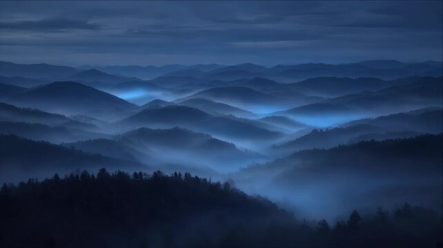 Cinematic Surreal Nature Timelapse Background of Misty Mountain Landscape, Blue Twilight Forest, Layered Ridges, Tranquil Atmosphere, Reflection, Visual Storytelling