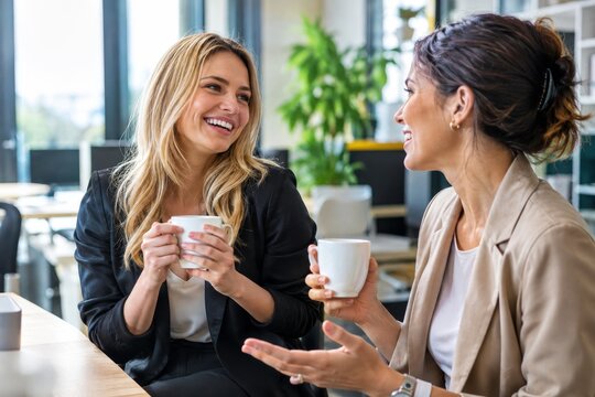Zwei junge Frauen im B&uuml;ro reden gut gelaunt miteinander