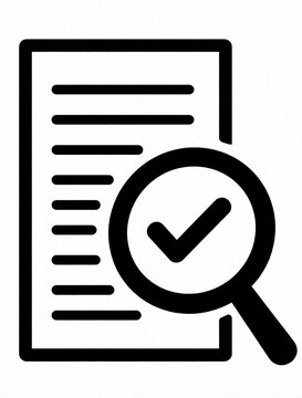 Black icon of paper document with lines, magnifying glass showing checkmark. Concept of approved file, verified text, completed checklist. Symbol for audit, quality control, data analysis, search,