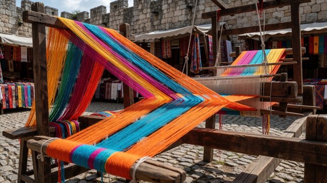 Wooden loom with bright colorful threads set up in outdoor market. Weaver prepares material for textile art. Craftsmanship displayed with traditional tools at marketplace.