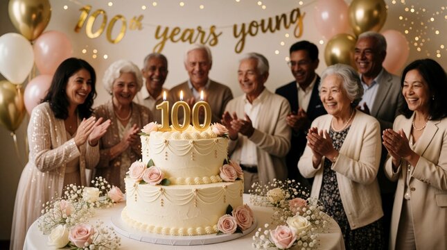 Happy diverse family celebrates centennial anniversary at festive party. Large white cake with gold 100 candles sits on table. Smiling elderly people clap, enjoy 100th birthday event with gold