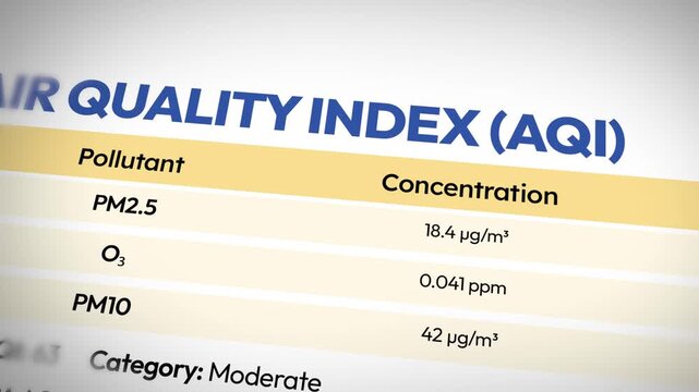 Air quality index table close up showing pollutants concentrations and moderate category status 4k footage for environment banners
