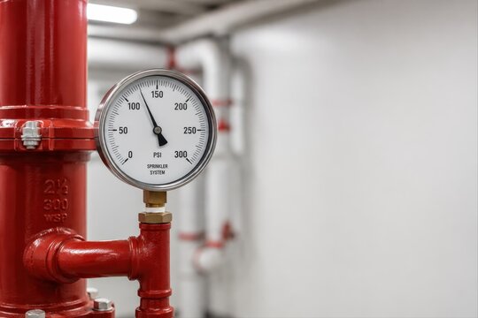 Pressure gauge displaying reading on a red sprinkler system pipe.