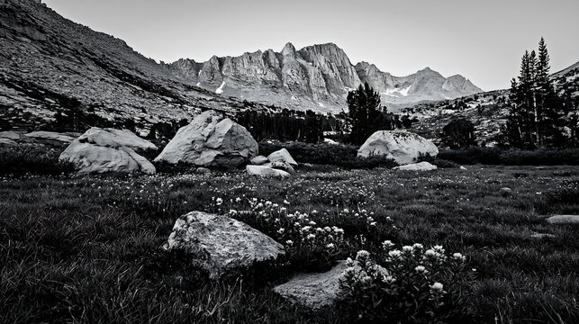 Mossy boulders in a meadow with distant mountains