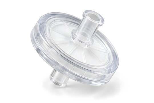 Small transparent laboratory syringe filter with membrane housing and connection ports for sterile sample filtration and preparation.