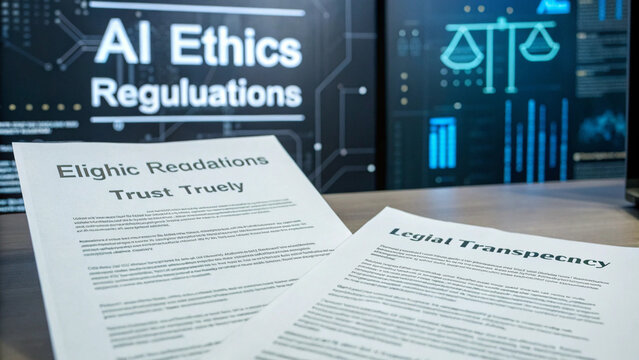 AI ethics regulations concept with documents on desk, highlighting trust and transparency