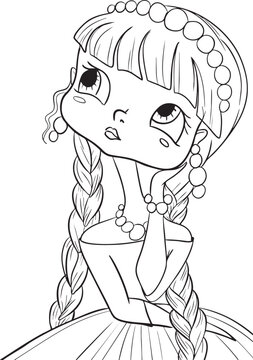 Cute Pensive Princess Girl with Braids and Pearl Jewelry Coloring Page Vector Illustration
