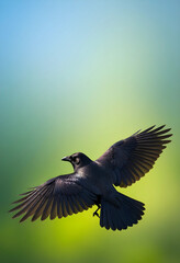 Obraz premium Freedom and nature concept, black crow flying with wings spread in the sky, wildlife photography of a bird in flight with soft green background