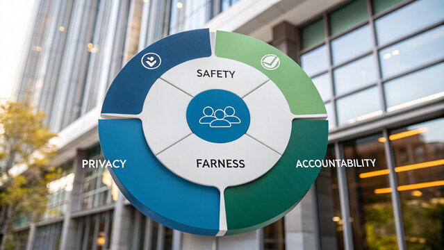 Circular diagram representing responsible AI framework highlights safety, privacy, fairness, and accountability