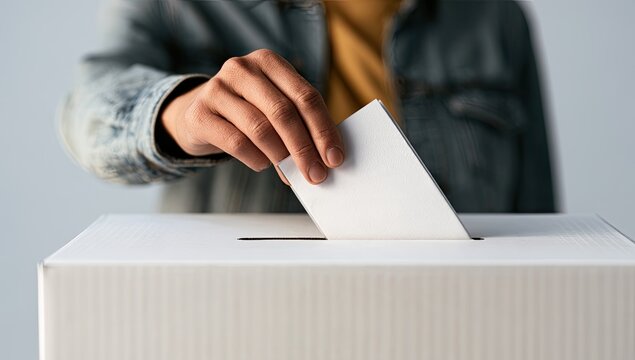 Hand casting a ballot into a white voting box, emphasizing civic duty