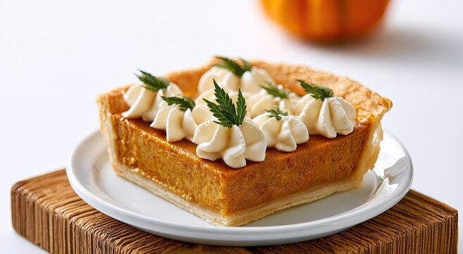 A slice of pumpkin pie topped with whipped cream and decorative leaves