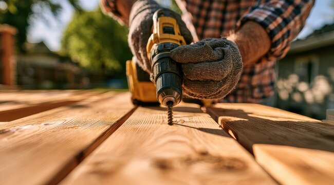 Close-up of hands using a power drill on wooden planks outdoors