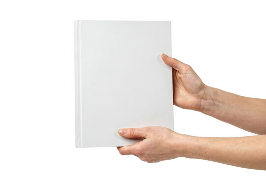 Two hands holding a blank white vertical book cover for mockup display isolated on a transparent background