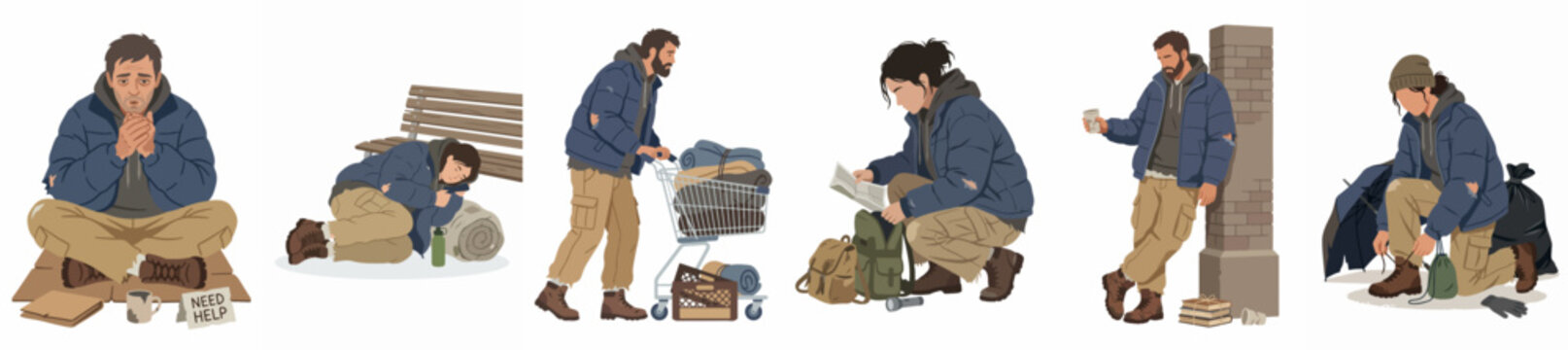 A series of illustrations depicting different homeless people in various urban survival situations, including sleeping outdoors, begging, and carrying their belongings.