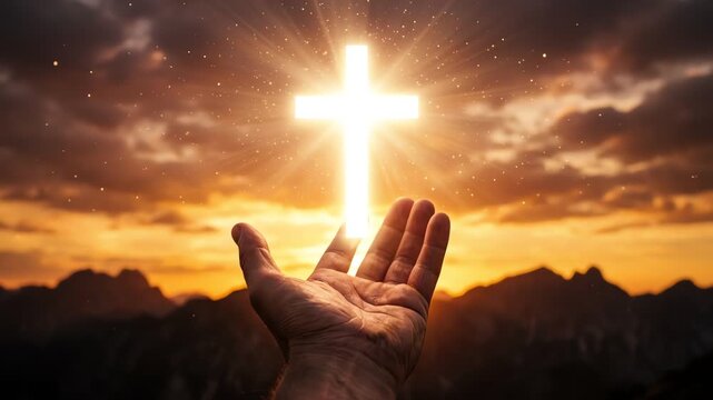 Person raising hands toward glowing cross at sunset