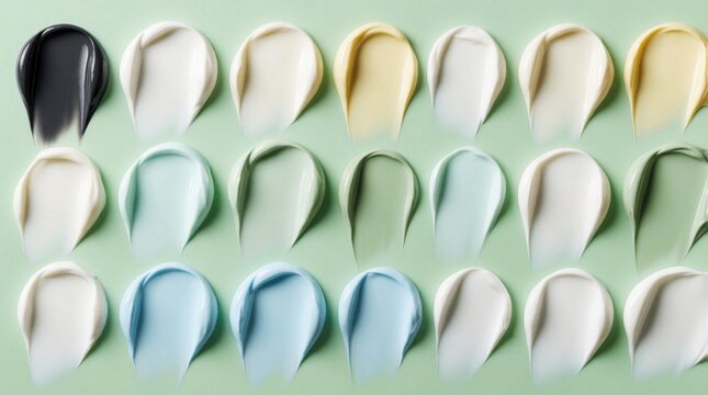 Assortment of cosmetic cream swatches arranged on a light green surface. Various colors show different product textures and shades, suggesting skincare variety and makeup options.