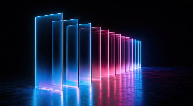 Rectangular illuminated frames recede into darkness, glowing blue to pink