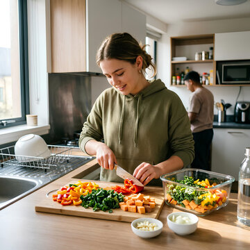Woman cutting red pepper on wooden board in modern kitchen