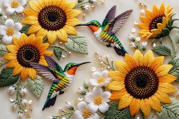 Fototapeta premium Handcrafted embroidery showcases vibrant sunflowers and hummingbirds on fine fabric. Delicate white flowers and green leaves create a detailed natural scene with sparkling sequins.