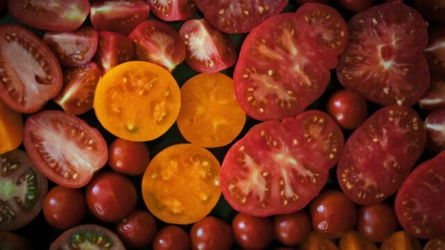 Vivid food texture background - close-up top view of multicolored tomato slices in yellow and various red shades with seeds, juice and natural veins clearly visible across the frame