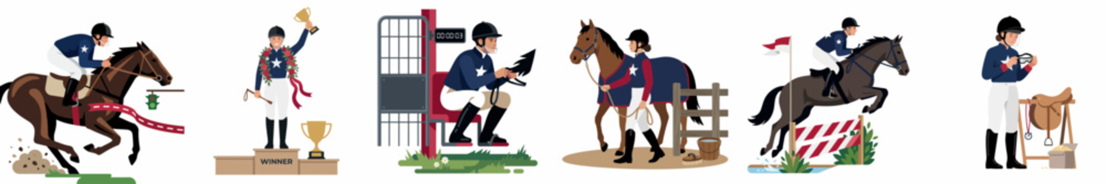 Set of equestrian sport illustrations featuring horse racing, show jumping, winner's podium, and preparation scenes isolated on a white background.