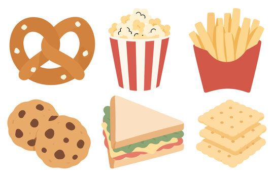 Snack food collection with pretzel popcorn fries cookies sandwich and crackers