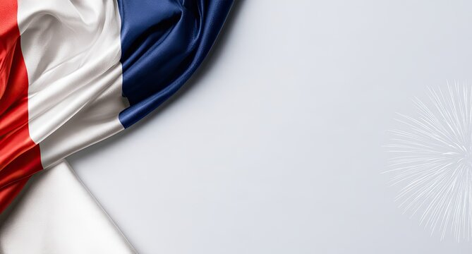 Smooth, flowing French flag drapes across a bright background with subtle fireworks