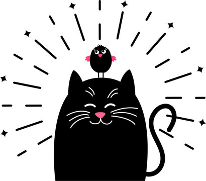 A cute cat is sitting with an attentive gaze. A black cat or a kitty with a bird on its head. A line or a star. Vector animation illustration in a flat style.