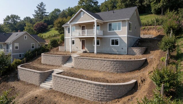 Two-story house hillside painted light beige color gray roof white trim has large porch railing small balcony