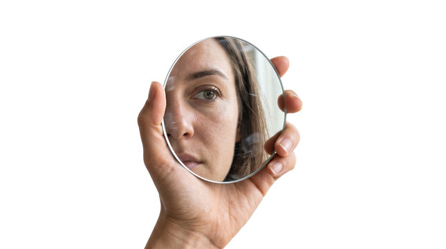 Minimalist hand holding round mirror with female face reflection. Woman looking at skin in small glass mirror. Isolated white background.