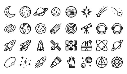 Outer Space Astronomy and Rocket Line Art Icon Set featuring Planets Astronaut Helmets Satellites and Telescopes for Cosmic Educational Graphic Designs © Munna