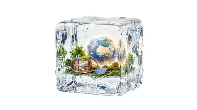 Sustainable planet earth frozen in ice cube, eco friendly house with solar panels, global warming and climate change concept