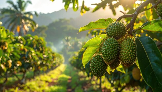 Tropical soursop fruit hanging on tree branch.