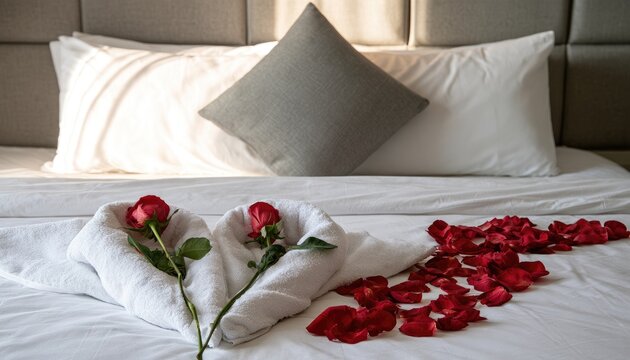 A bed is decorated with roses and rose petals for a romantic occasion