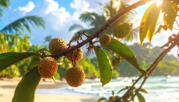 Tropical fruit branch overhanging sunny beach shore