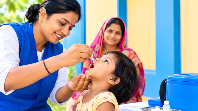 A dedicated female health worker administering oral polio vaccine drops to a young child in a rural indian village setting
