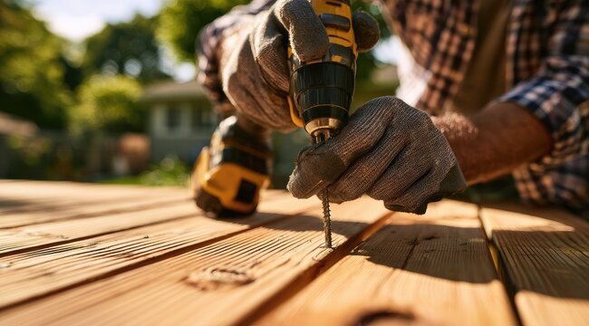Close-up of gloved hands using a power drill to fasten a screw into wooden planks