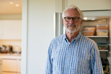 Fototapeta premium A smiling older man stands in a bright kitchen, positively engaging with his open refrigerator, symbolizing a passion for healthy cooking and the joy of culinary exploration.