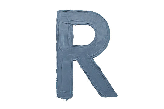 Uppercase letter r painted with thick blue oil paint strokes showing texture isolated on a transparent background
