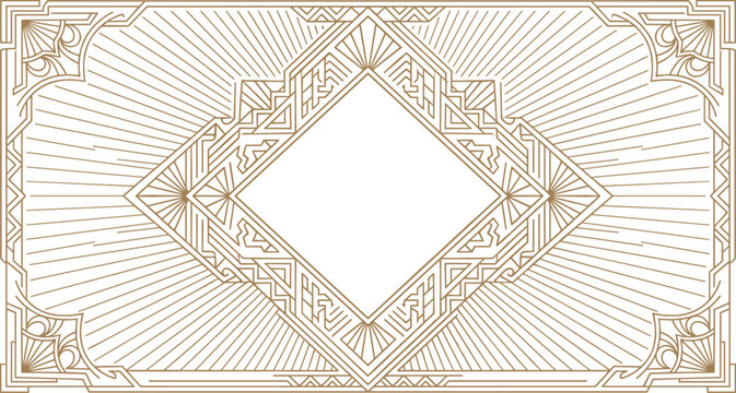 Luxury golden art deco border frame vector template with geometric line ornament and central copy space isolated on white background for invitations