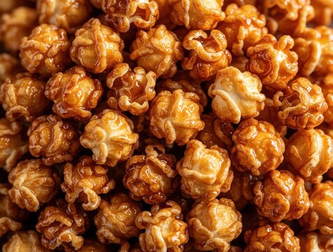 Close-up of sweet caramel popcorn kernels clustered together. This crunchy snack features a shiny glaze and a golden-brown hue, perfect for movie nights or satisfying cravings.